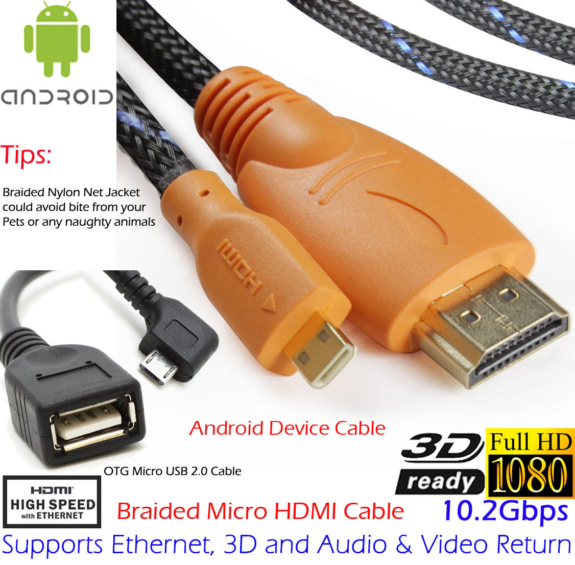 1080P Braided HDMI to Micro HDMI Cable+OTG Micro USB, some Andriod cell