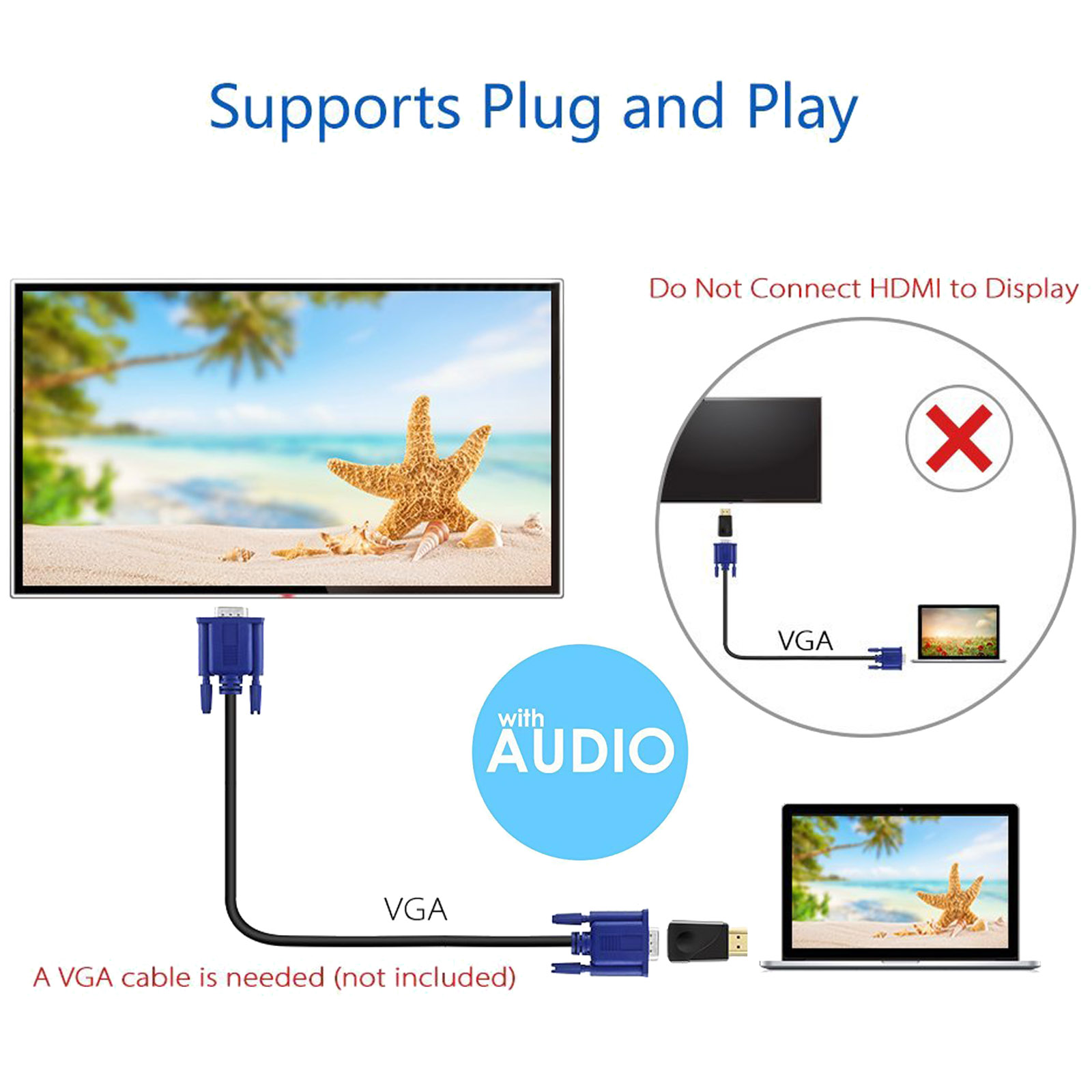 Vinmooog Adaptateur HDMI vers VGA, 1080P convertisseur vga vers hdmi avec  3,5 mm Câble Audio Cable Ordinateur plaqué Or pou