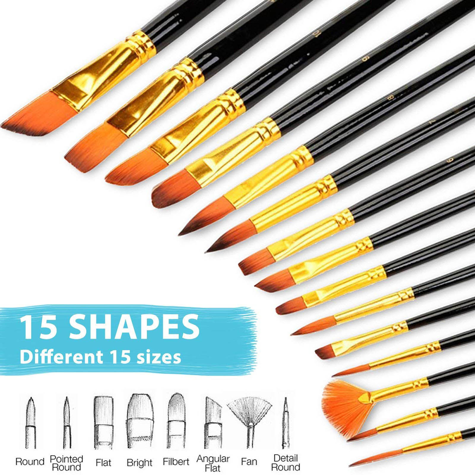 Long Handle Artist Paint Brushes w/Travel Holder (15 in 1 Set) for Art  Students