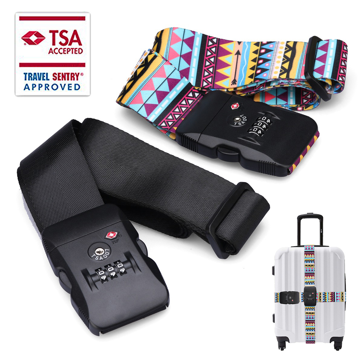 USA CarryOn Adjustable Luggage Strap with a Builtin TSA Combination