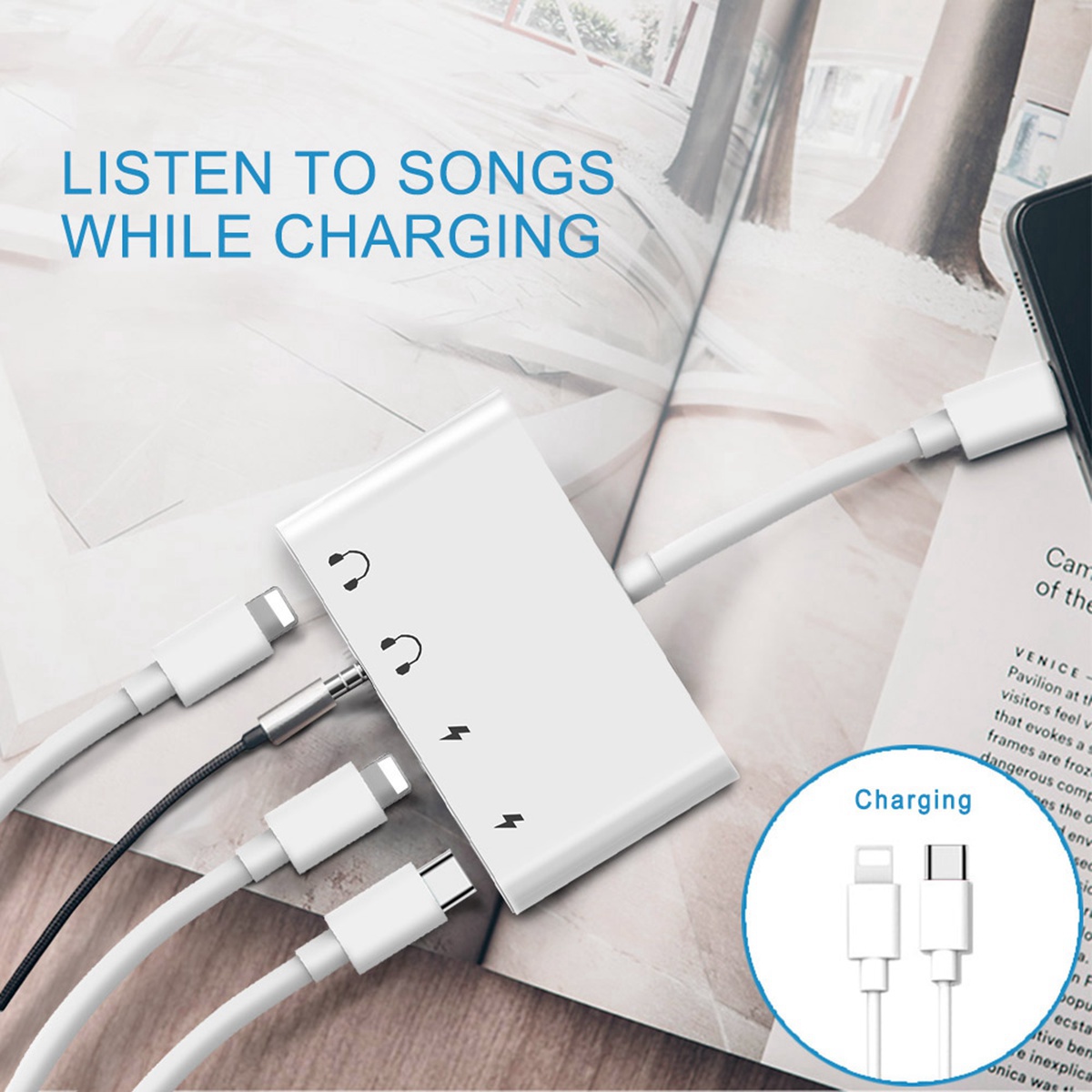 Newest 4 IN 1 iPhone to USB C Charging+3.5mm Audio+Lighting Headphone