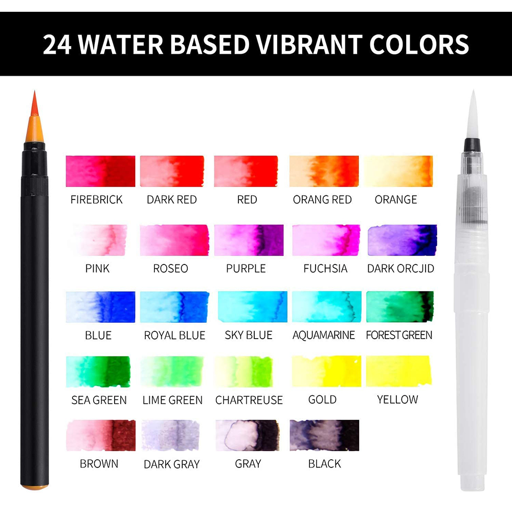 Crafty Croc Watercolor Paint Brush Pens - Set of 24 Vibrant Water Color  Brush Markers with Real Nylon Tips for Watercolor