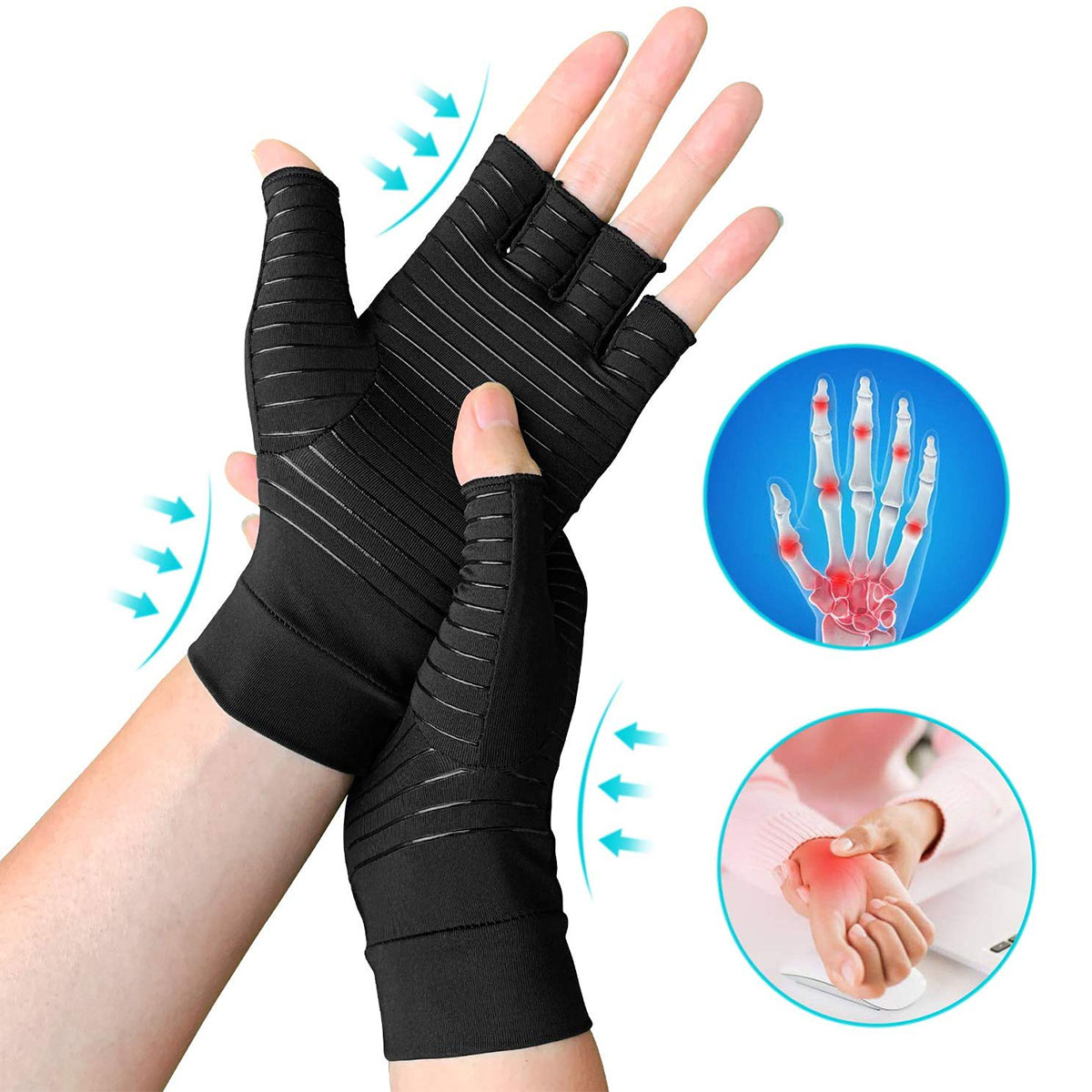 Compression Fingerless Copper Gloves Fit Arthritis Hand Support Pain