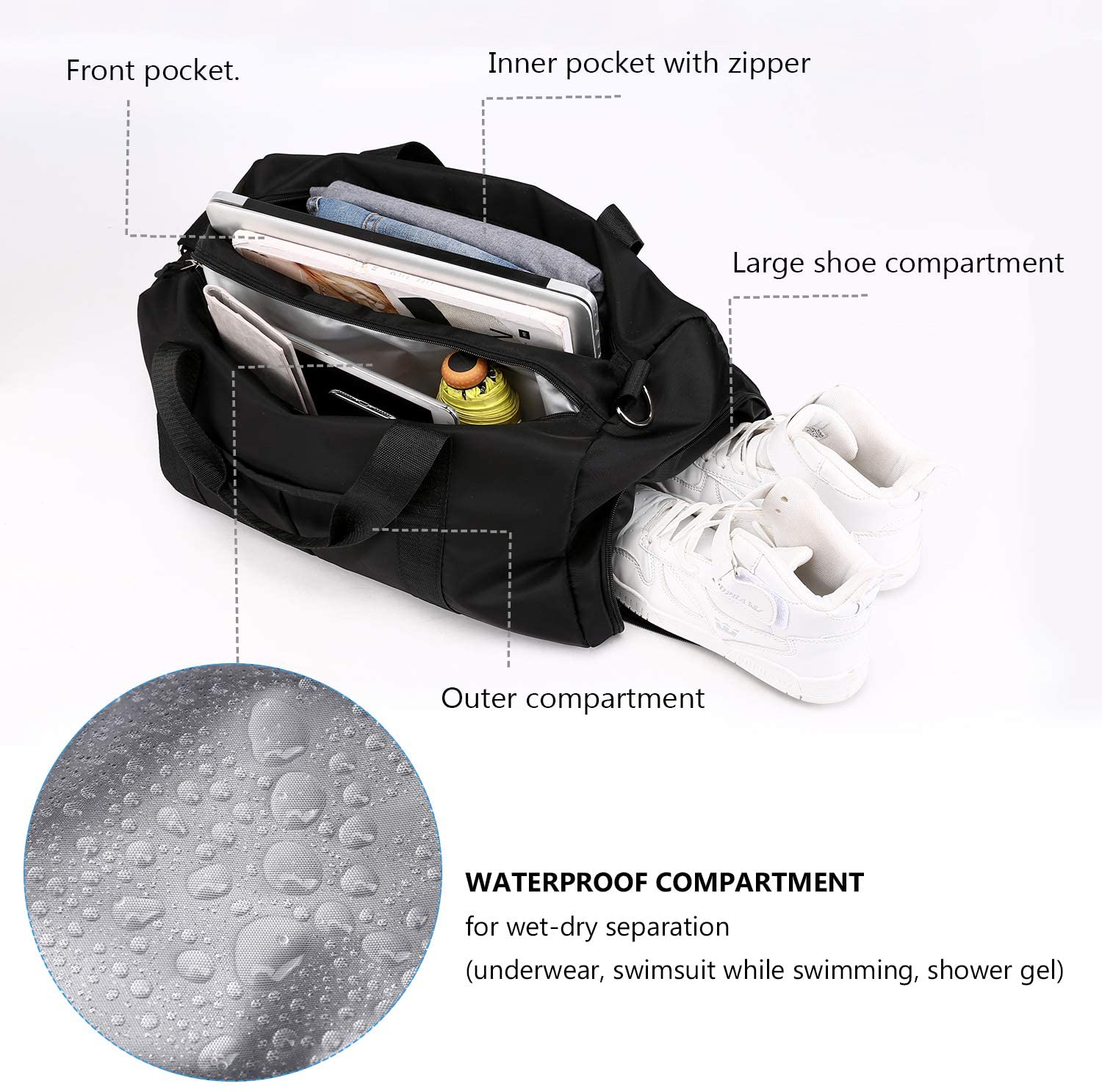 with Shoe Compartment and Wet Pocket for Women Swim Sports Travel Gym Bag Black 19.3 inch Gym Duffle Bag 