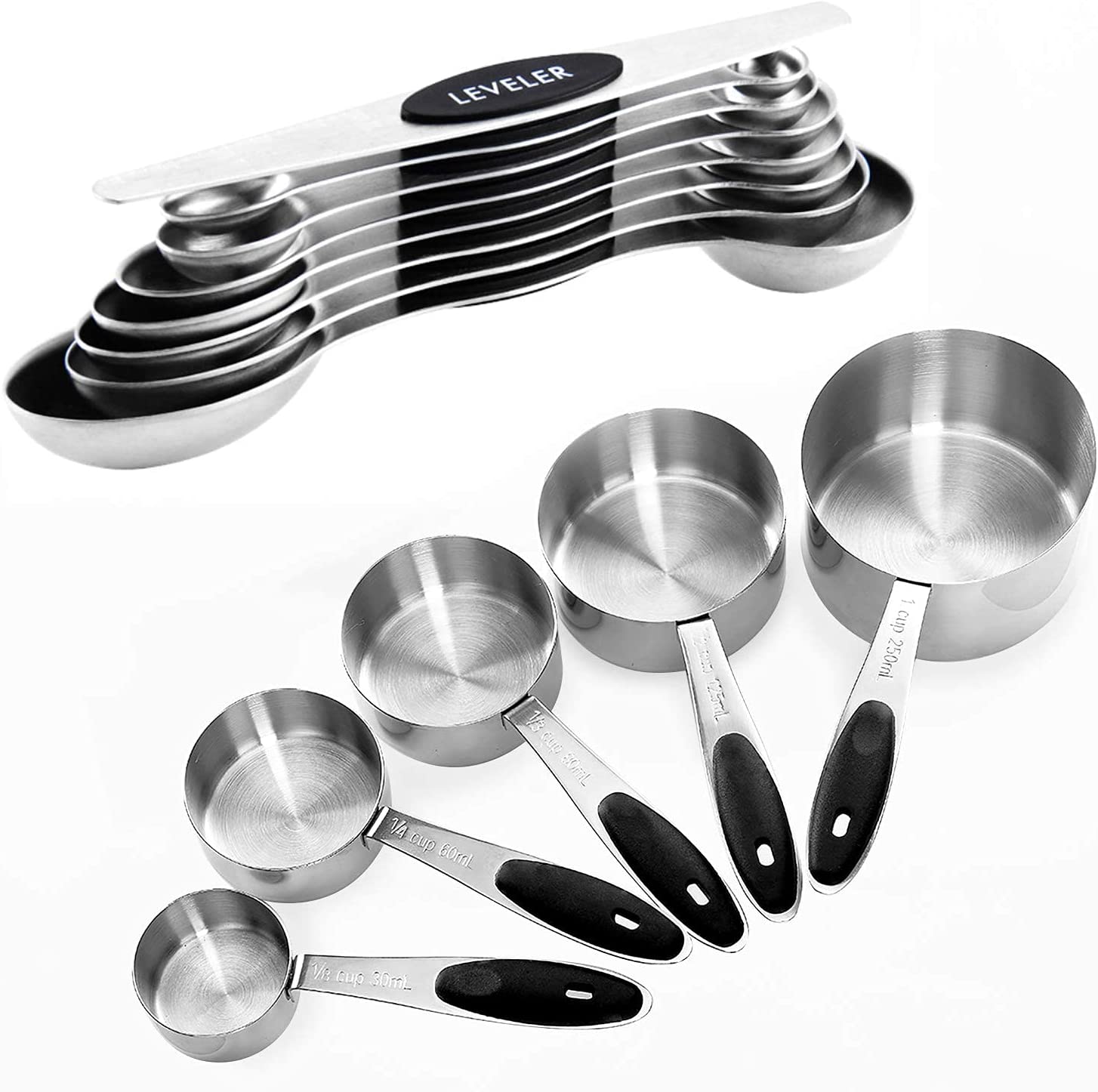 Magnetic Measuring Cups and Spoons Set of 14 Includes Stainless Steel  Stackable Measuring Cups Nesting Magnetic Measuring Spoons and 1 Leveler  for Dry
