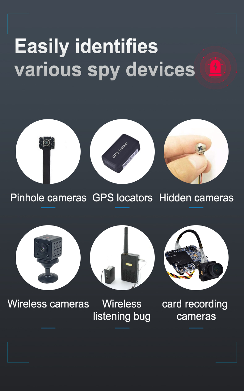 Portable anti-spy detector / hidden camera detector with RF scanning and vibration alarm