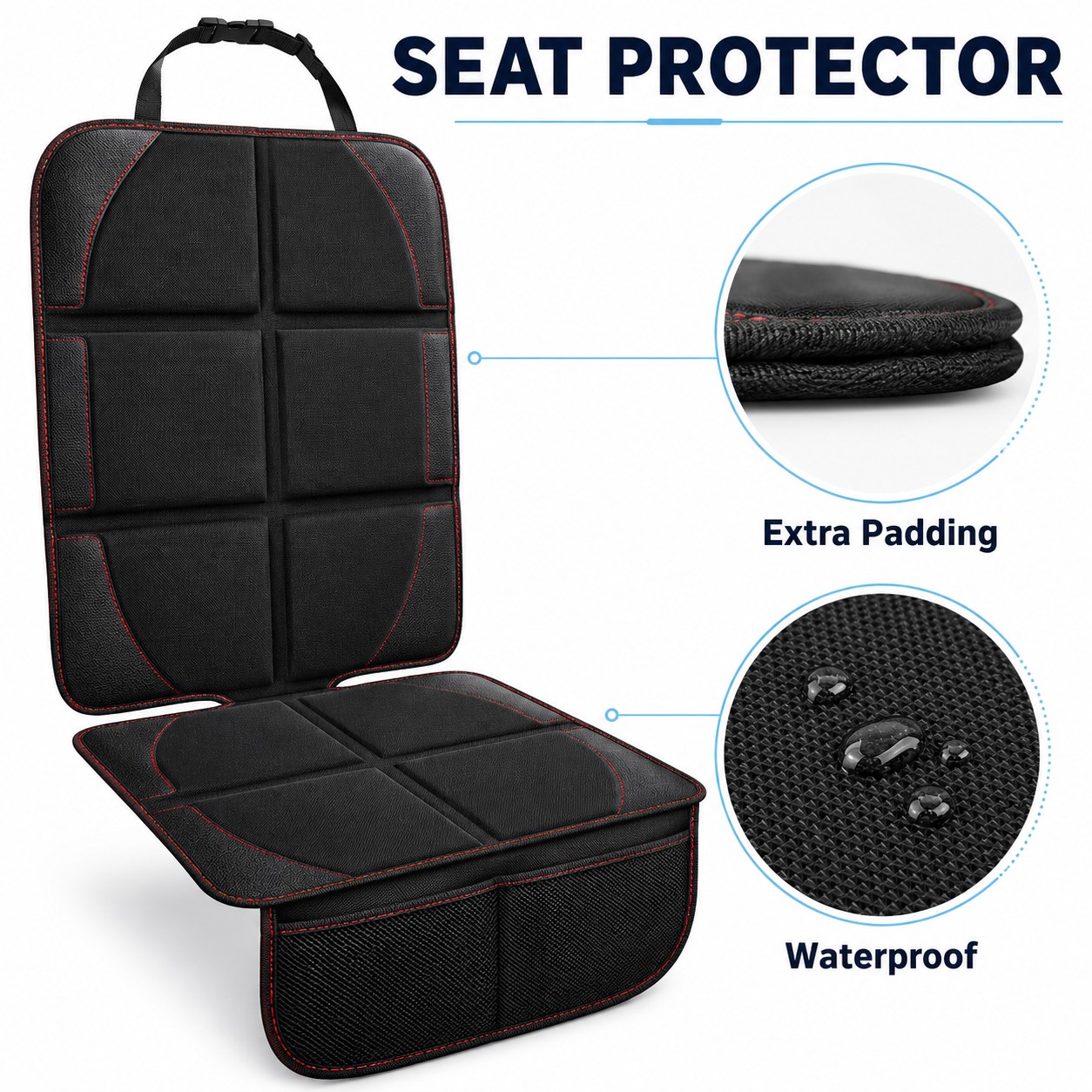 Car seat protector detail with padding and waterproof surface