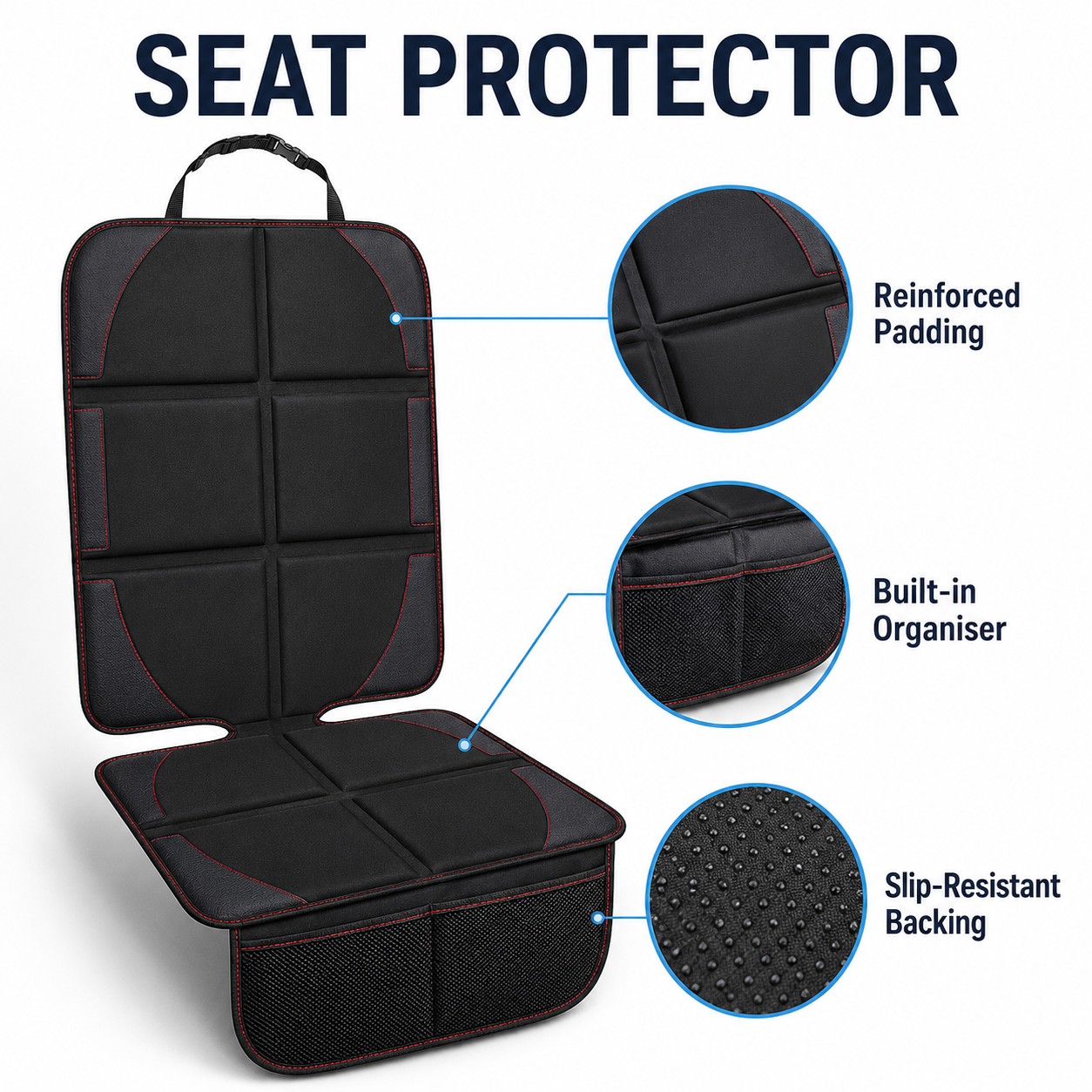 Car seat protector with reinforced padding organiser and slip resistant backing