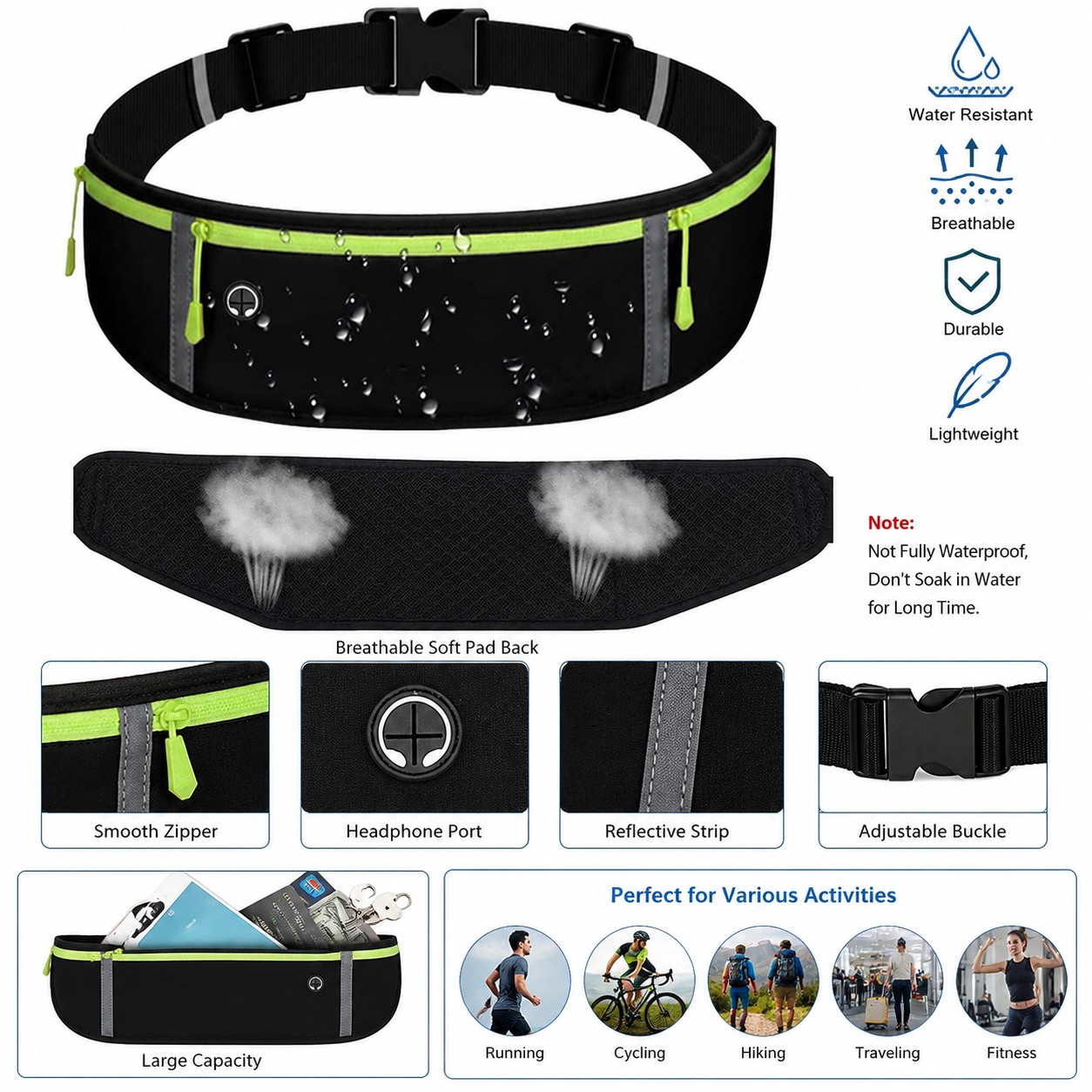 Running belt pockets and earphone hole