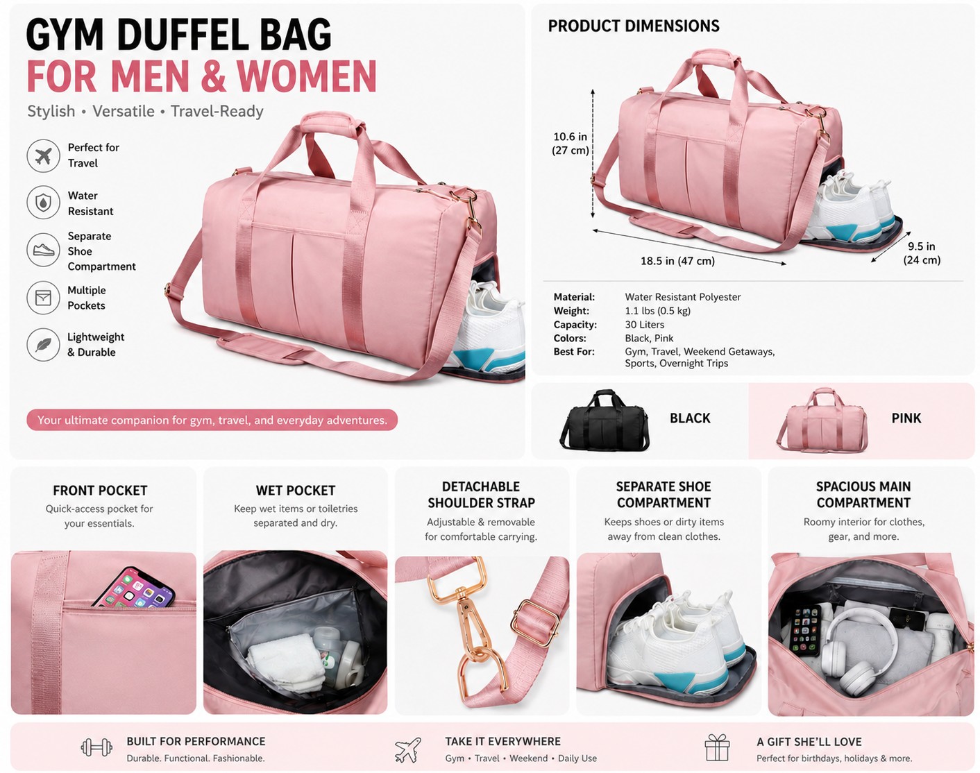 gym duffel bag with shoe compartment and wet pocket