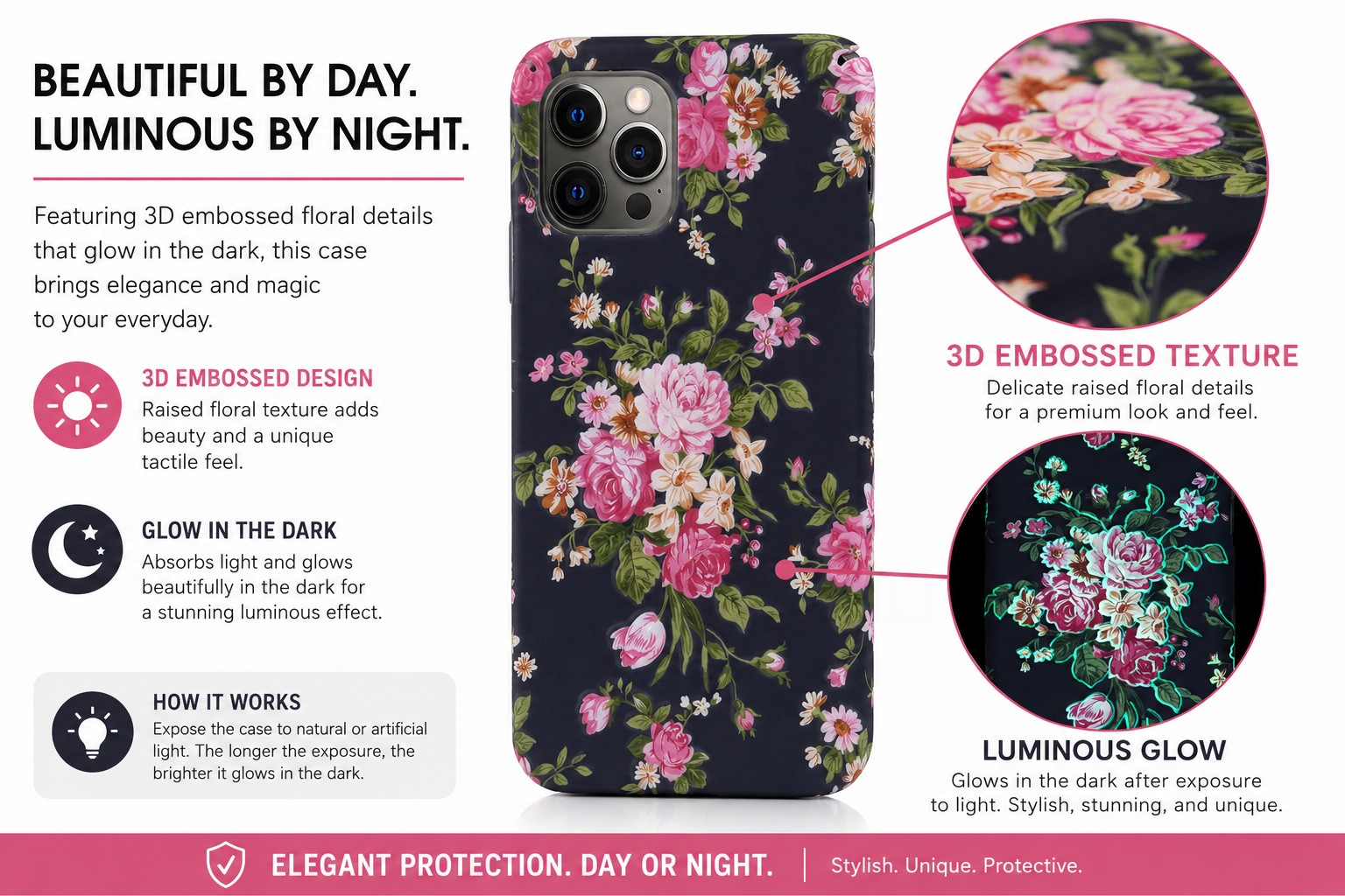 3D floral texture luminous effect phone case