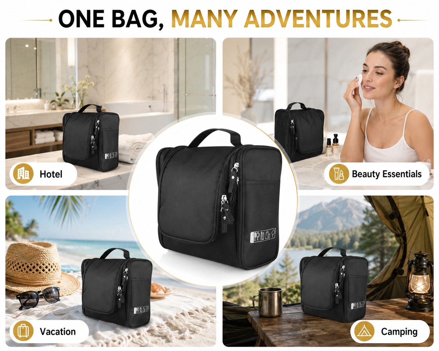Men packing black travel toiletry organizer for business trip