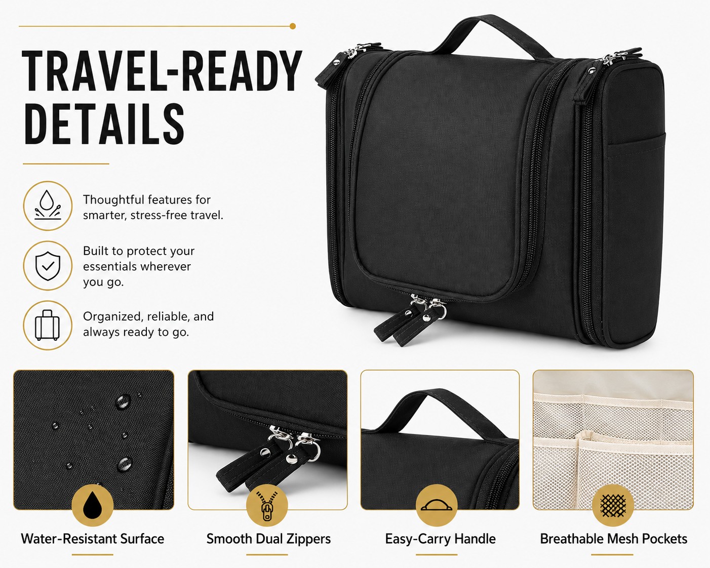 Black toiletry bag for men's business travel grooming essentials