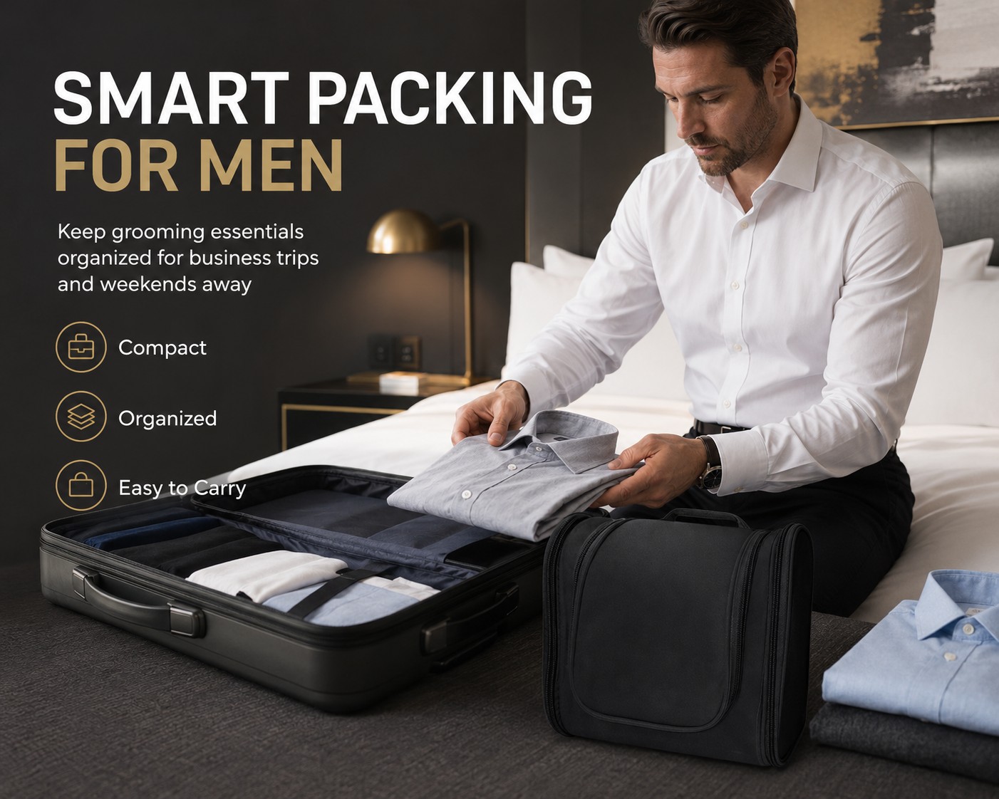 Black hanging travel toiletry bag organizer for men and women