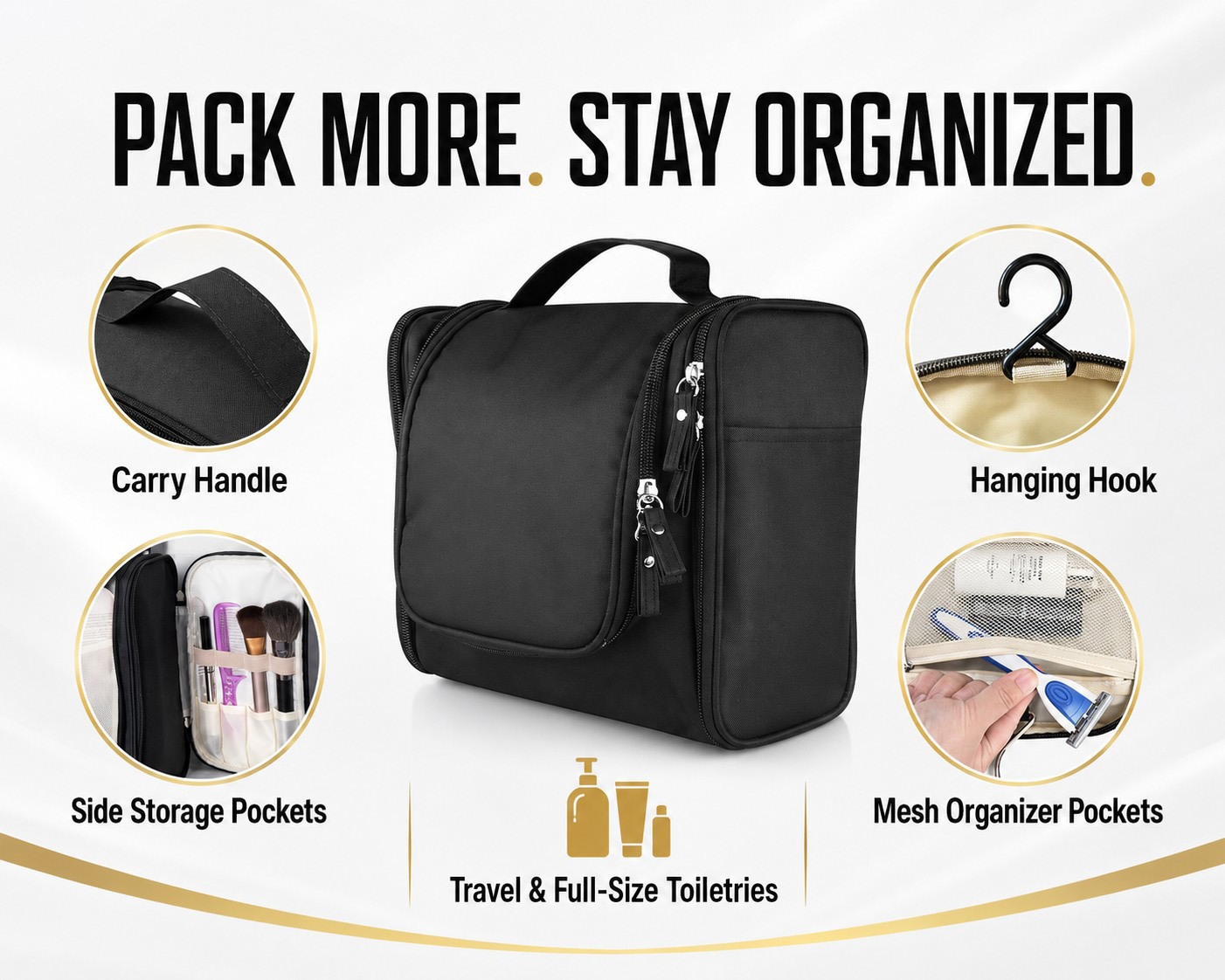 Water-resistant black toiletry bag exterior