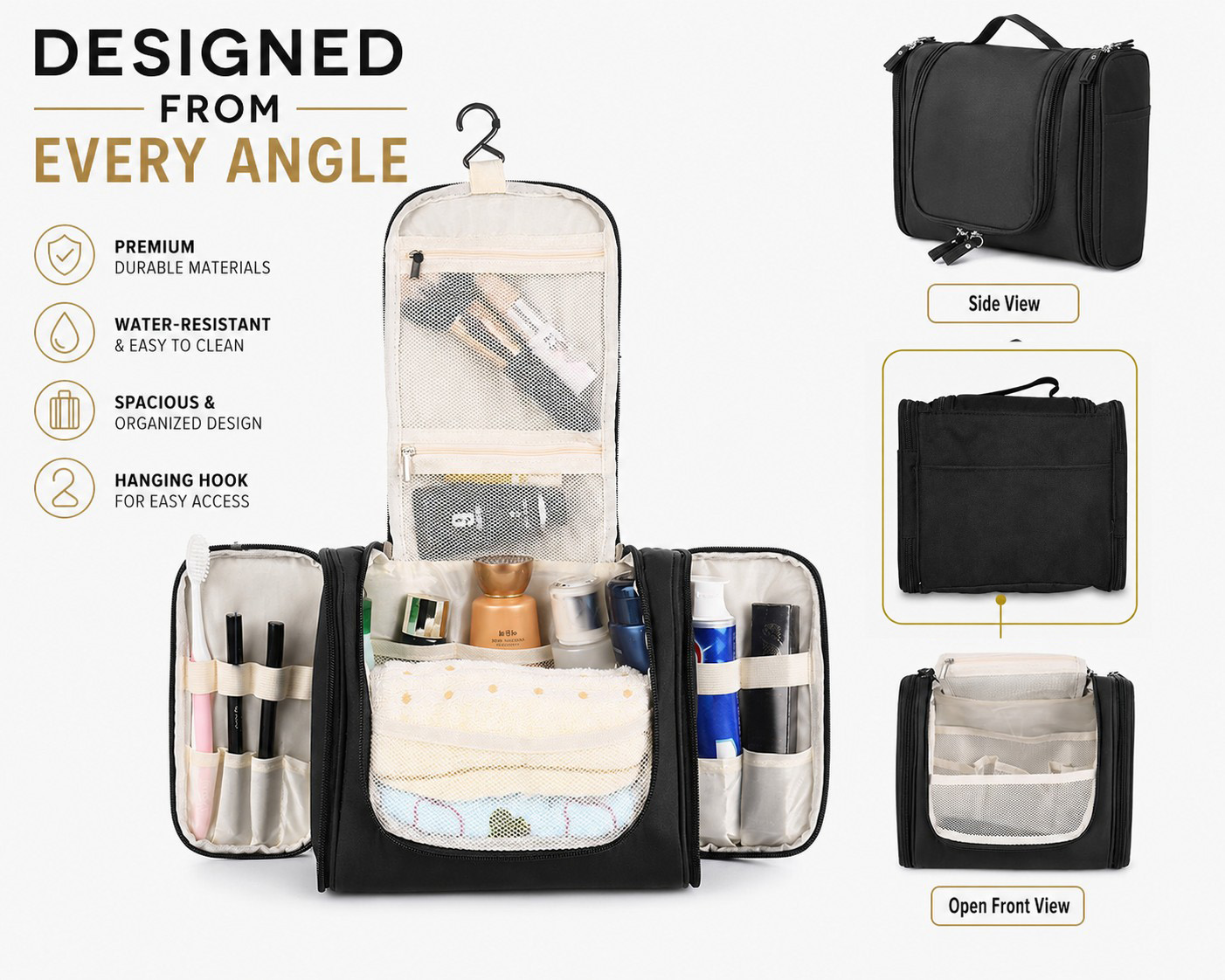 Hanging travel toiletry bag for hotel vacation and camping