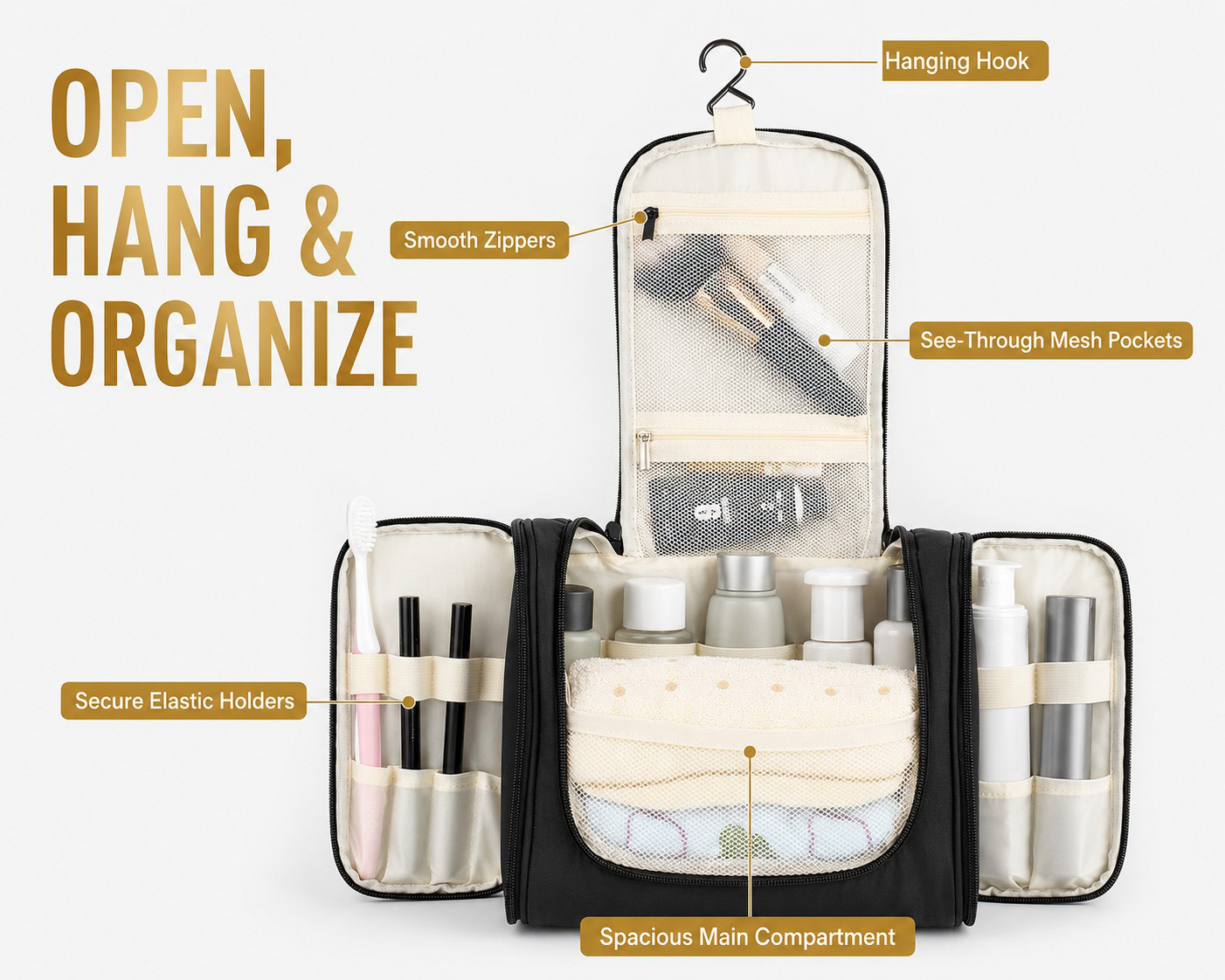 Hanging toiletry bag compartments hook and mesh pockets