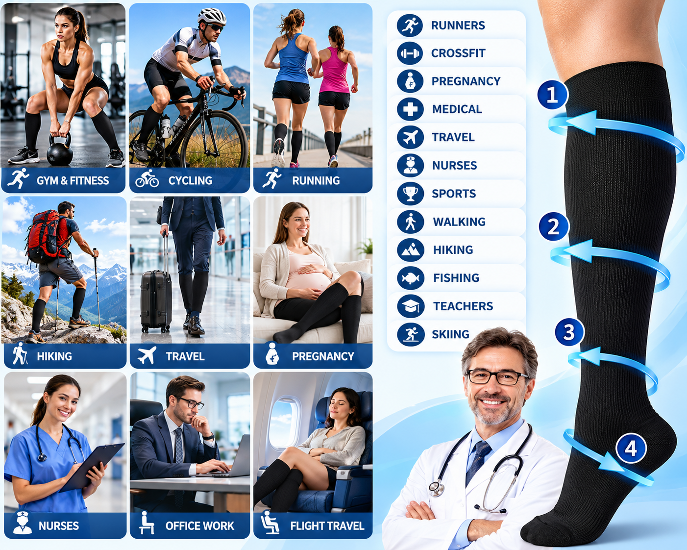 Black 15-20 mmHg knee high wide calf compression socks for women and men