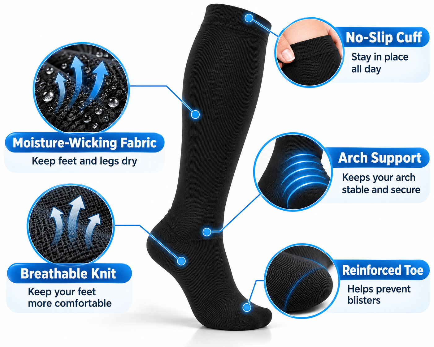 Graduated black compression socks supportive knee high design