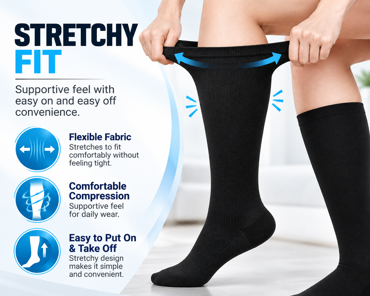 Stretchy knee high compression socks for wide calves