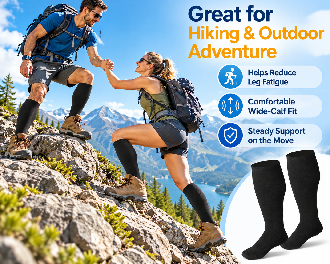 Black compression socks for walking hiking and outdoor activity